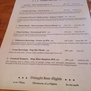 Beer menu with detailed descriptions.