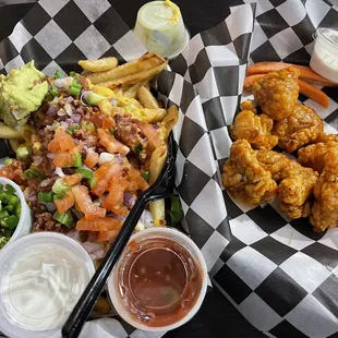 Loaded fries and 1/2 lb boneless sriracha honey chicken