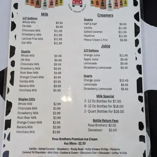 Chino's Farm Fresh Dairy Price Menu