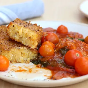 Inside of Fried Grit Cake ($14) - sweet &amp; sour sauce, Good Neighbor cherry tomatoes. Really tasty.
