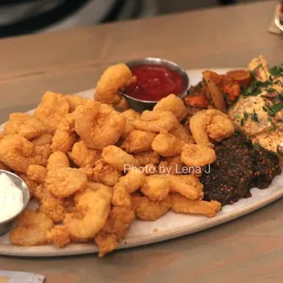 Fried Shrimp Plate ($28) - Potato salad, chow chow, pickled vegetables, cocktail sauce, lemon