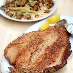 Cornmeal trout ($38) - 3green bean casserole, tartar sauce, lemon. Trout is coated in cornmeal and pan fried. Bean casserole is quite heavy.