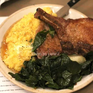 Pan-Fried Pork Chops ($28) - New Mission Milling grits, Michigan maple syrup, We the People collards