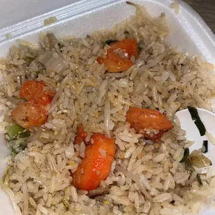 rice and vegetables in a styrofoam container