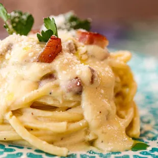 a plate of pasta with cheese and bacon