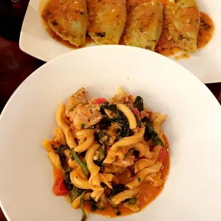 Agnolotti con Melanzane (eggplant and cheese ravioli) and Casarecci al Ragu di Pollo