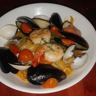Fettuccine alla Pescatora $25. Very small portion - bowl diameter about 6.5 inched. Nothing special.