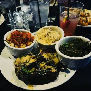 Lobster mac and cheese, garlic potatoes, greens, and lamb chops