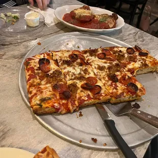 Pepperoni and sausage sicilian pizza
