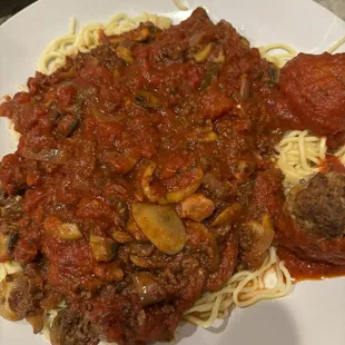 Spaghetti Bolognese the sauce was thick and meaty. The meatballs were very tender and tasty.