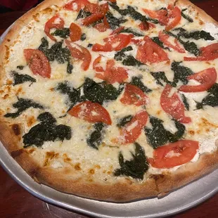 Large pizza with frozen or can spinach.. Nasty