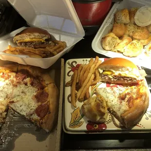 Bacon Cheese Burger, homemade fries, Meatlovers Pizza, Buffalo Chicken Twists