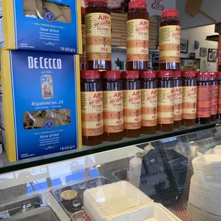 a display of cheeses and sauces
