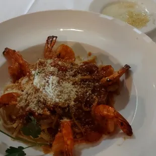 Spicy pasta and shrimp.