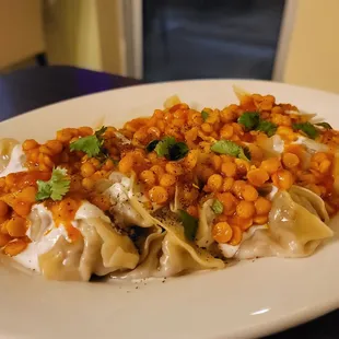 Mantu: beef filled dumplings w yogurt and lentils topping.  Hubby loved these!