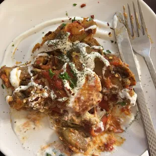 Banjan Borani: Eggplant, tomatoes, with a yummy yogurt-based sauce