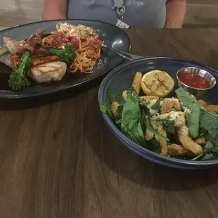 Left:  Duroc Pork Saltimbocca.  Right: Crispy Calamari. Both Excellent!!