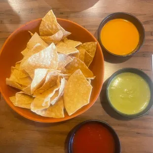 a bowl of nachos and sauces