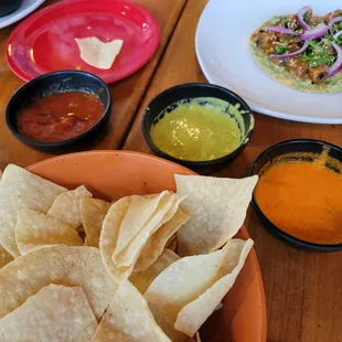 Trio of homemade salsas to start, very good!  Ahi tyna tostada in the back