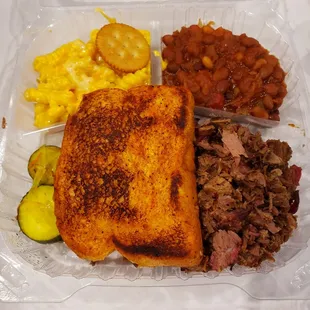 Chopped Brisket Meal with BBQ Beans and Mac and Cheese