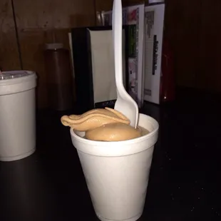 Chocolate Icecream in a cup..not my favorite, but my son likes. It's more of a bitter chocolate than sweet.