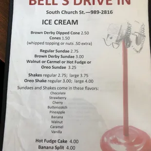 Ice cream menu