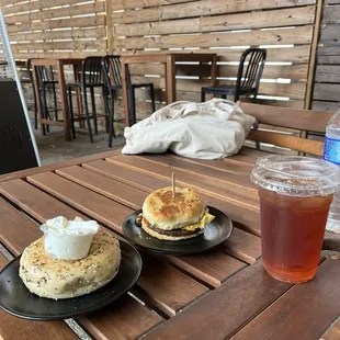 Breakfast Biscuit + everything Bagel + iced sweet Lipton Tea