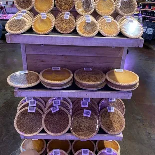 Tasty-looking pie display included old-school buttermilk pie &amp; fancy pecan-lovers German Chocolate Pie!