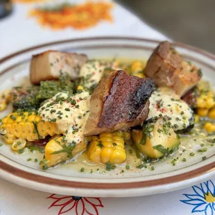 Pork belly with corn and squash