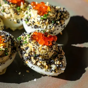 Deviled Eggs- &quot;Sour Cream and Onion&quot;, Everything Spice, Smoked Trout Roe  Instagram.com/Maryelda