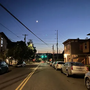 a full view of a street at night