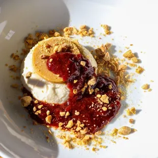 Toasted Brioche Panna Cotta- Nut Butter, Strawberry Preserves, Roasted Almonds  Instagram.com/Maryelda