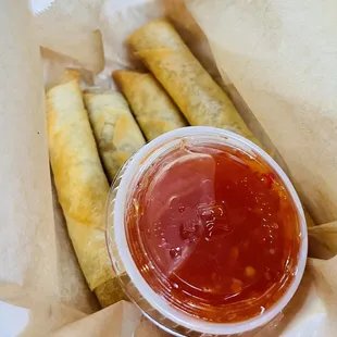 Lumpias...quite longer than I expected. Crispy and fresh (not sure if it's ground chicken rather than pork). Good though!