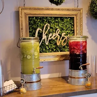 Festive beverage station: Fresh Cucumber Lemonade and a house made Raspberry Pomegranate Iced tea