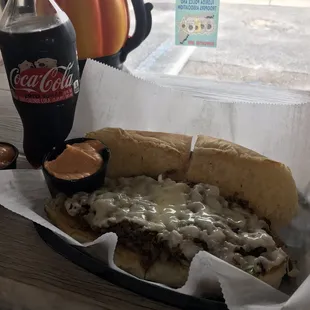 Steak and cheese special sauce on side with a Coke Zero!