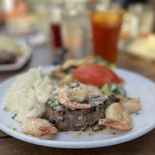 Filet Mignon &amp; Shrimp with Mashed Potatoes and Caesar Salad