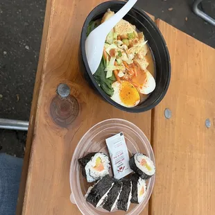 Ramen and sushi roll "for here". I love how they used the bowl top as a sushi plate.
