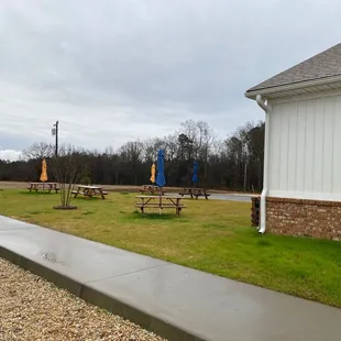 Outdoor picnic tables.