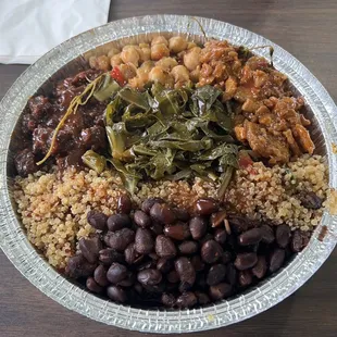 Quinoa, collard greens, chickpeas, bbq steak, sweet and sour chicken, black beans.