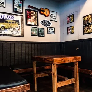 a table and benches in a restaurant