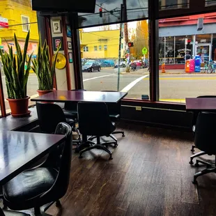 a view of a street through a window