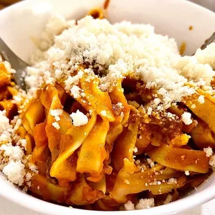 TAGLIATELLE AL CINGHIALE - grappa/Sangiovese marinated wild boar sugo, pecorino di Rocca Toscano, black pepper