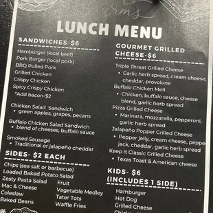 a menu for lunch