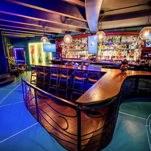 a bar with blue lighting