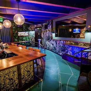 a bar with a fish tank