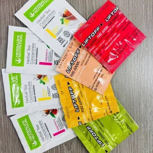 a variety of packets on a table