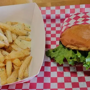 Border burger and parmesan fries