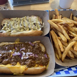 Chili cheese dog, Seattle dog, fries