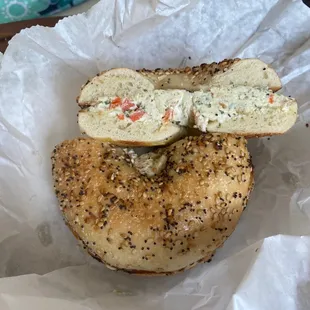 Everything bagel with veggie cream cheese