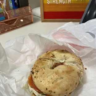 Brilliant Bagel with Chive &amp; Onion cream cheese on an Onion bagel